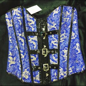 Rare Striking Blue & Gold Brocade Corset w/ Vinyl